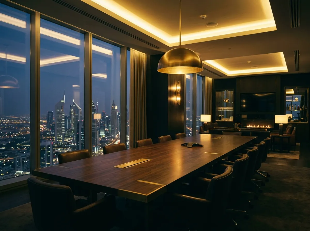 Executive boardroom at dusk above a glittering skyline