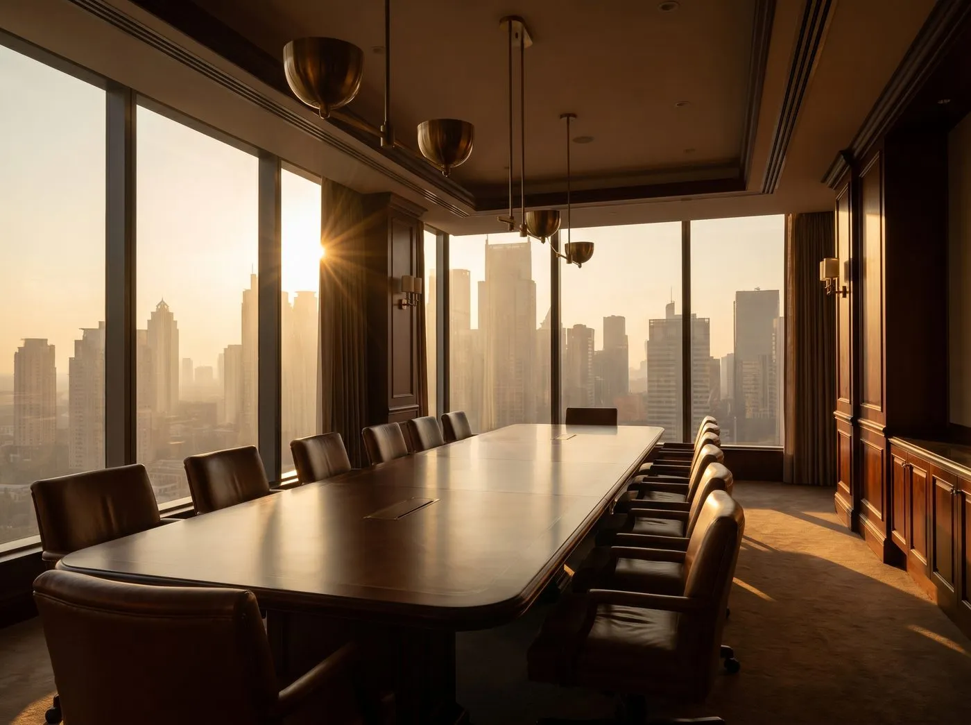 Executive boardroom at golden hour overlooking a city skyline
